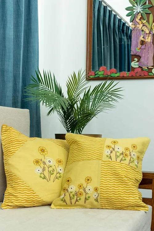 Craftroots Pastel Yellow Aari Hand-Embroidered Floral Cushion Cover Set Of 2