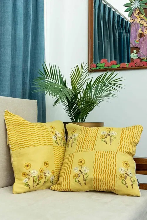 Craftroots Pastel Yellow Aari Floral Embroidered Artisan Cushion Cover Set Of 2