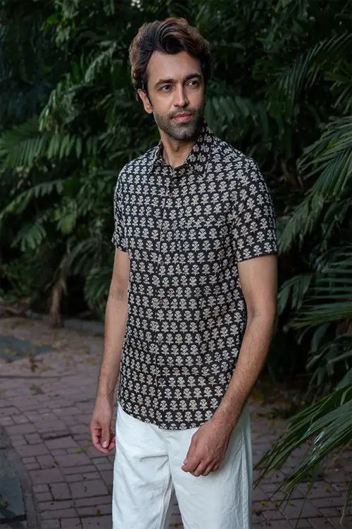 Craftroots Black Bagru Block Print Shirt