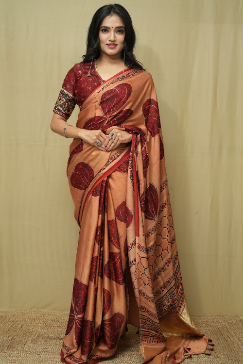 Modal Orange Tissue Pallu Saree | Jabbar Khatri