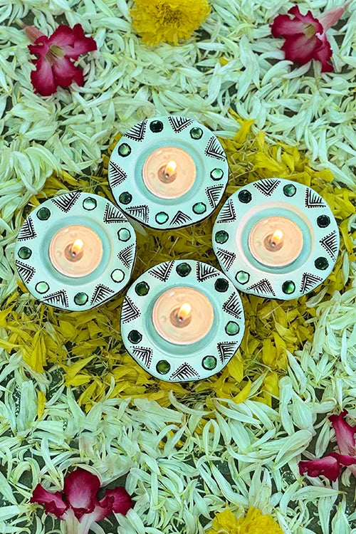 Antarang: Terracotta- Handpainted - White Flower Diya Set Of 6