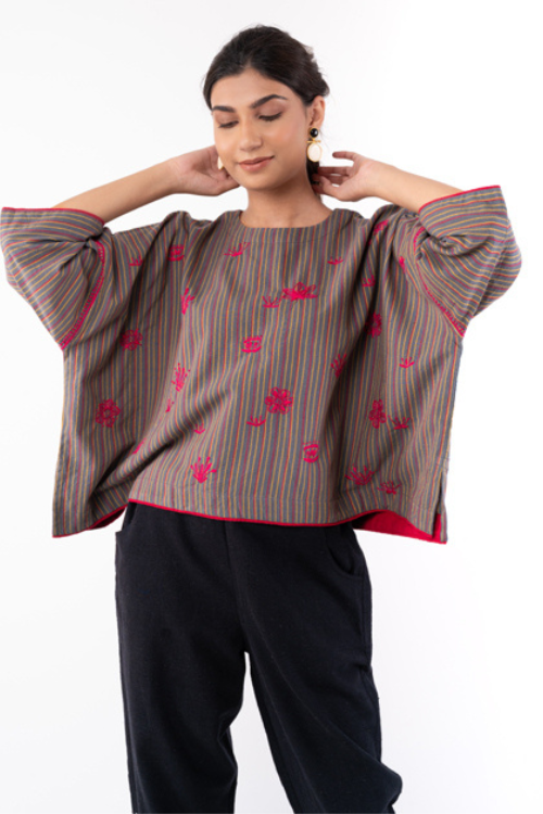 Rangsutra Pardis Grey Chikankari  Round Neck Boxy Top