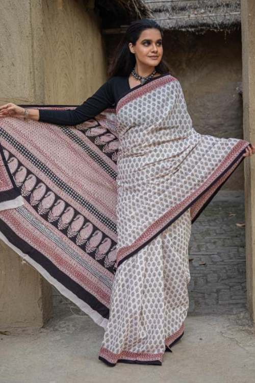 Exclusive Bagh Hand Block Printed Modal Silk Saree - Beige Florets