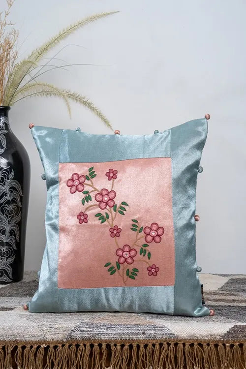 Craftroots Peach Floral Aari Hand-Embroidered Cushion Cover