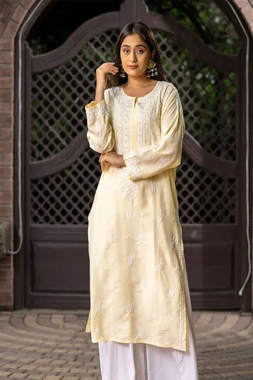 Craftroots Light Yellow Chikankari Kurta
