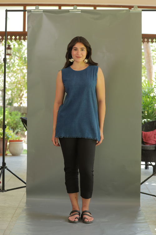 Moralfibre Plain Indigo Short Top With Signature Raw Edges