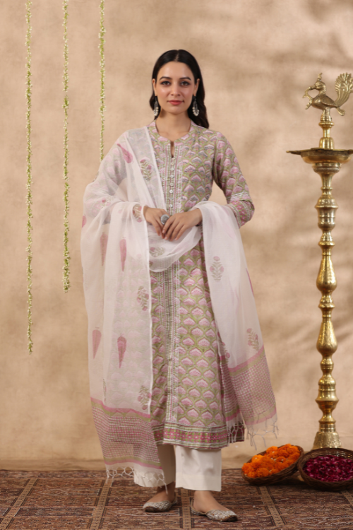 Shuddhi Green And Pink 2 Piece Kurta Set