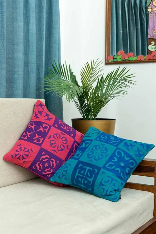 Craftroots Blue & Multi Applique Patchwork Cushion Cover Set Of 2