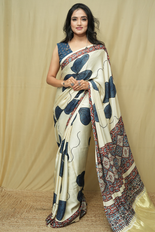 White Modal Ajrakh Print Saree | Jabbar Khatri