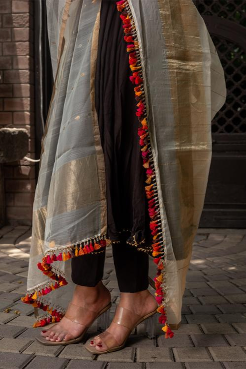 Craftroots Multi-Colour Tassels Organza Silk Dupatta
