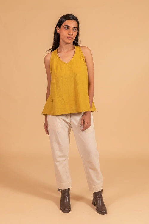Moralfibre V Neck Incut Sleeves Top With Elasticated Side Panel From "Shapes Collection " - Mustard