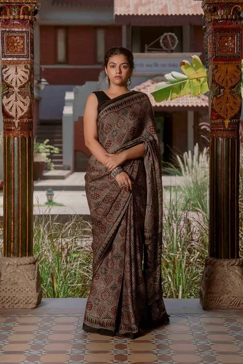 Craftroots Ajrakh Saree With Badla Work With Tassels