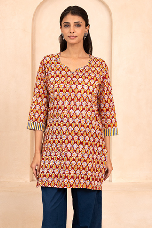 Shuddhi Red Handblock Printed Short Kurti