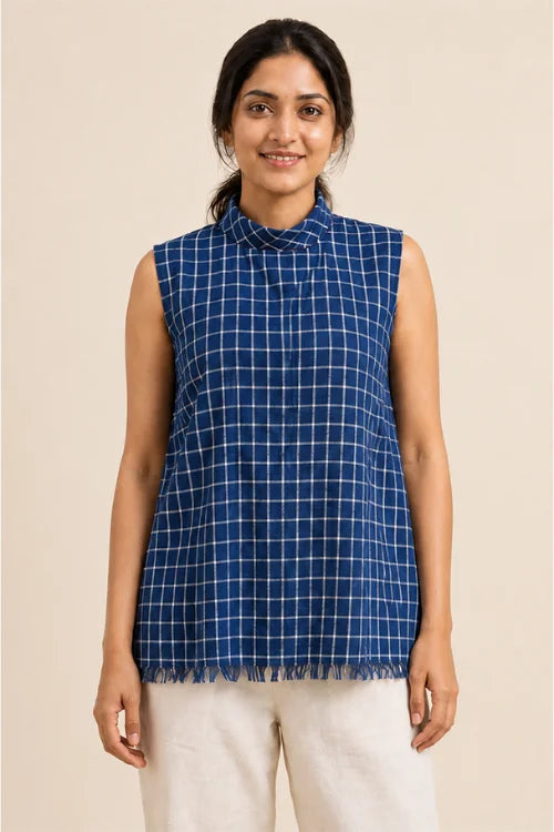Moralfibre Highneck Side Pannel Checkered Indigo Top