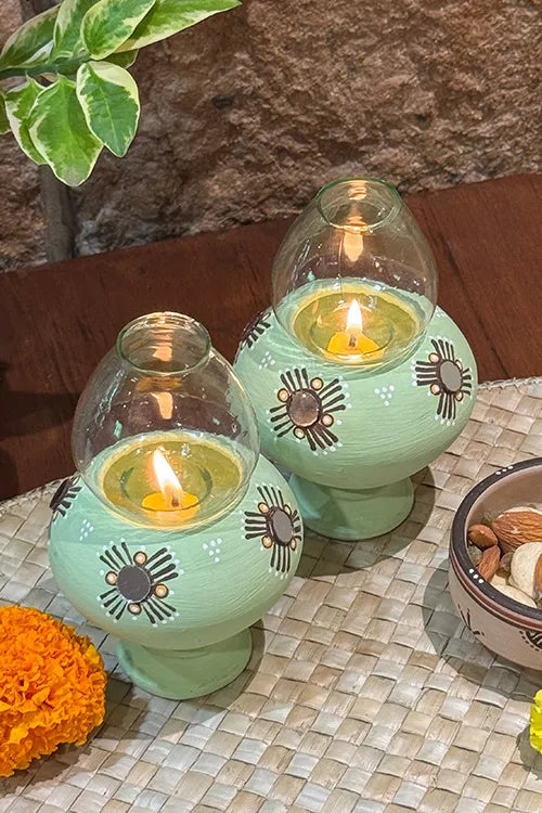 Antarang- Traditional Oil Lamps- Akhand Diyas- Green(Set Of 2)