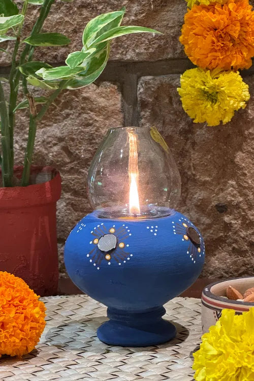 Antarang- Traditional Oil Lamps- Akhand Diyas- Blue(Set Of 2)