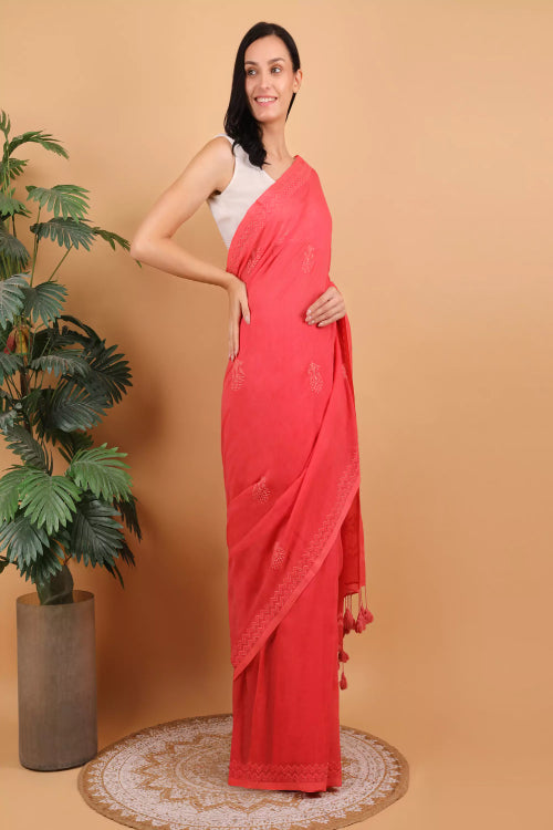Shwet Women Coral Pink Hand Embroidered Chikankari  Mulmul Saree