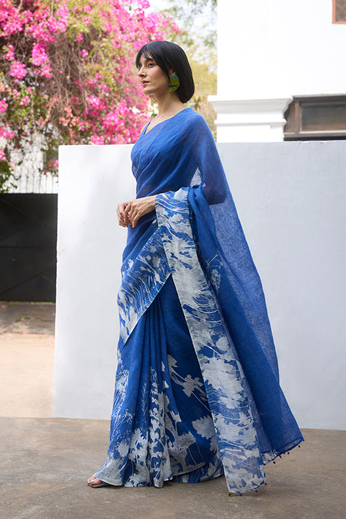 Dressfolk Indigo Blossom Linen Saree