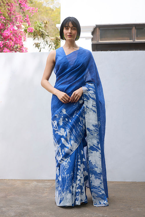 Dressfolk Indigo Blossom Linen Saree