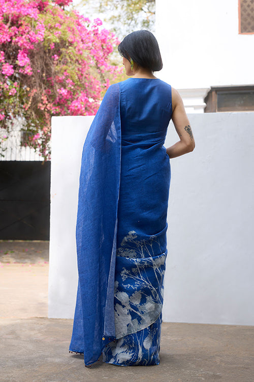 Dressfolk Indigo Blossom Linen Saree
