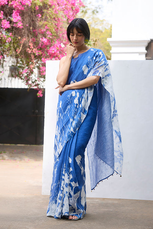 Dressfolk Indigo Blossom Linen Saree