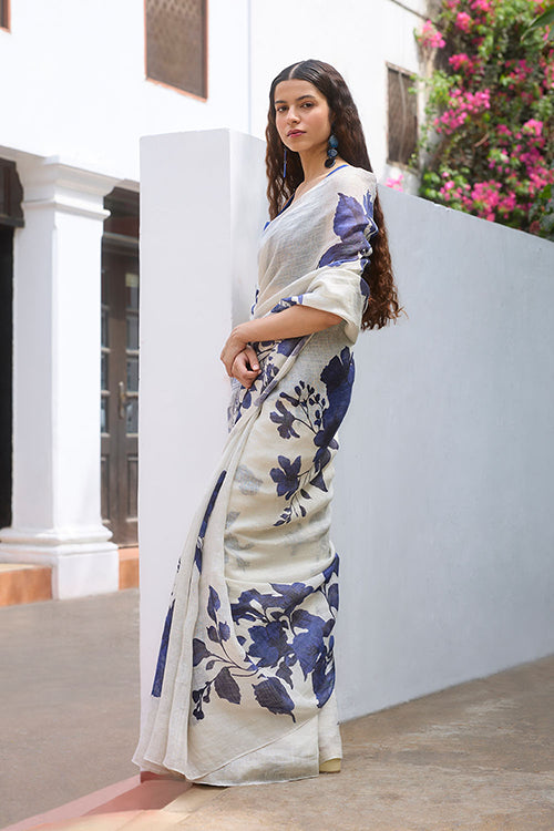 Dressfolk Floral Blues Linen Saree