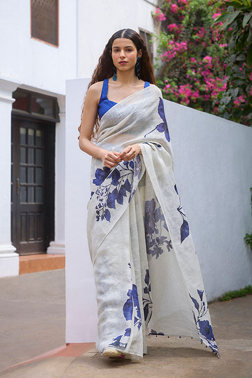 Dressfolk Floral Blues Linen Saree