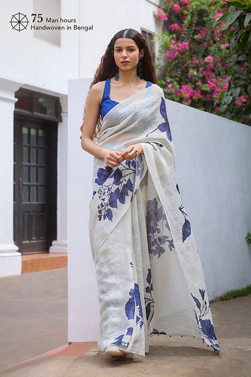 Dressfolk Floral Blues Linen Saree