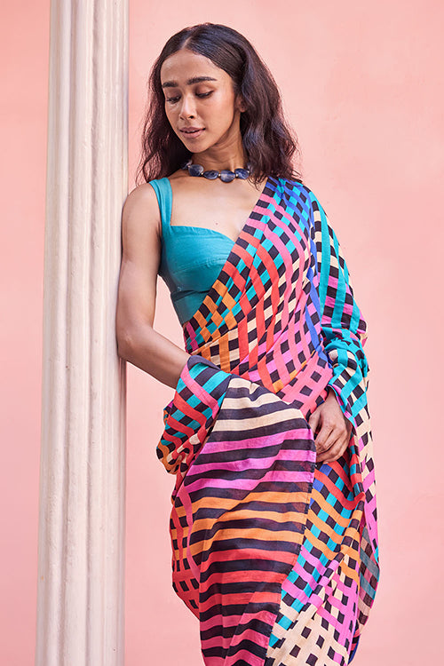 Dressfolk Electric Waves Bengal Cotton Saree