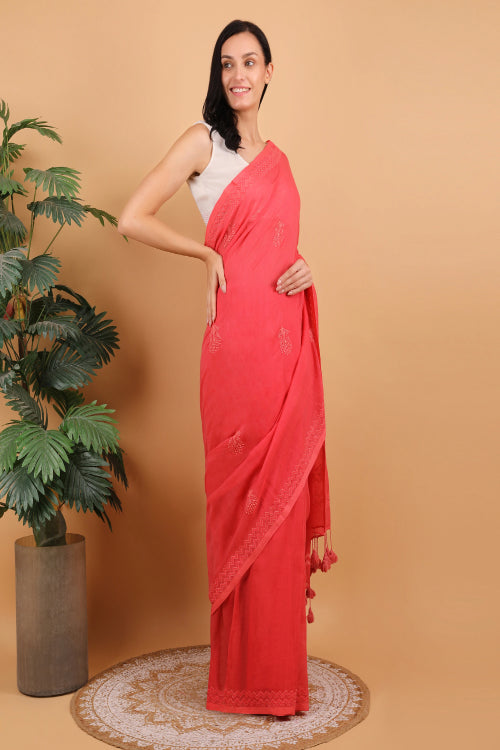 Shwet Women Coral Pink Hand Embroidered Chikankari  Mulmul Saree