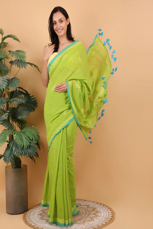 Shwet Women Parrot Green Hand Embroidered Chikankari Mulmul Saree