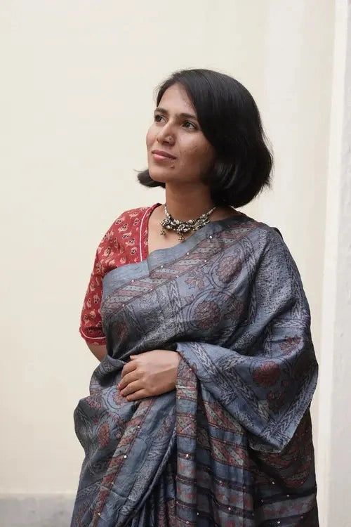 Sadhna"Meghmala"Grey Silk Block Printed Saree