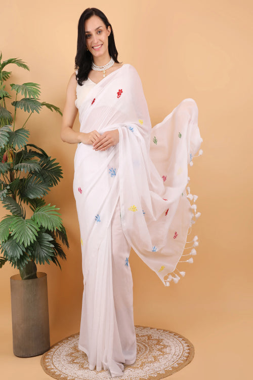 Shwet Women White Hand Embroidered Chikankari  Mulmul Saree