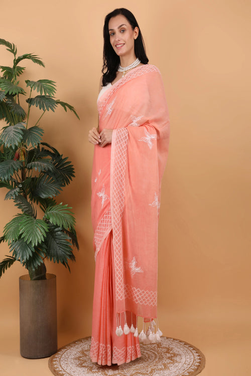 Shwet Women Peach Hand Embroidered Chikankari  Mulmul Saree