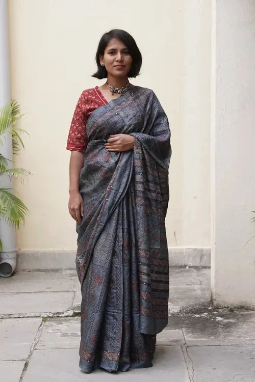 Sadhna"Meghmala"Grey Silk Block Printed Saree