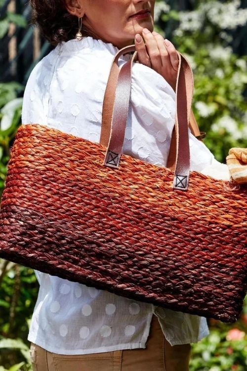 Kadam Haat Handmade Sabai Grass Shopping Bag - Orange & Red