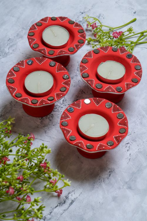 Antarang- Terracotta- Red- T-Light Holders (Set Of 4)