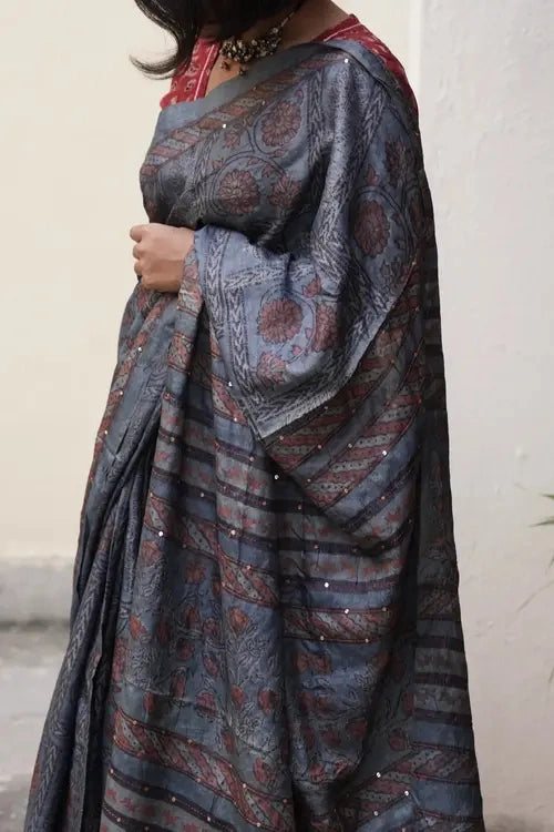 Sadhna"Meghmala"Grey Silk Block Printed Saree