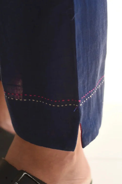 Rangsutra Kaanch Blue Straight-Fit Cotton Pant With Kantha Hand Embroidery