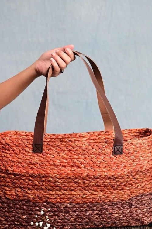 Kadam Haat Handmade Sabai Grass Shopping Bag - Orange & Red