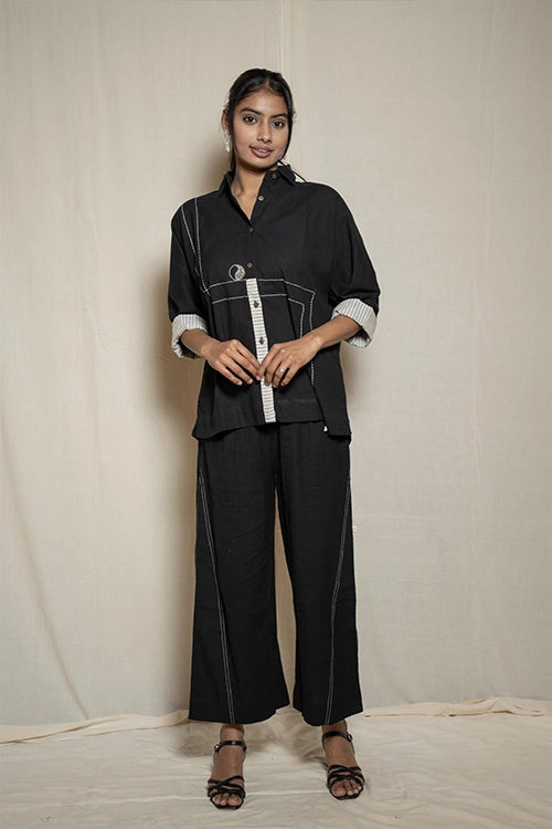 Moralfibre Black Kimono Shirt With Striped Details