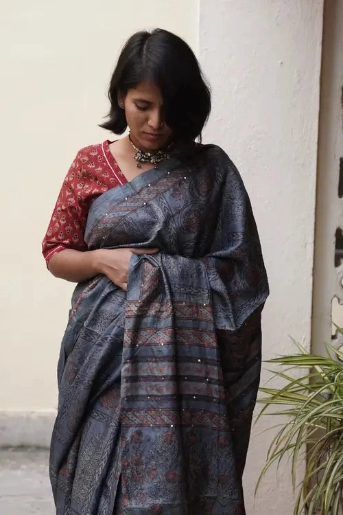 Sadhna"Meghmala"Grey Silk Block Printed Saree