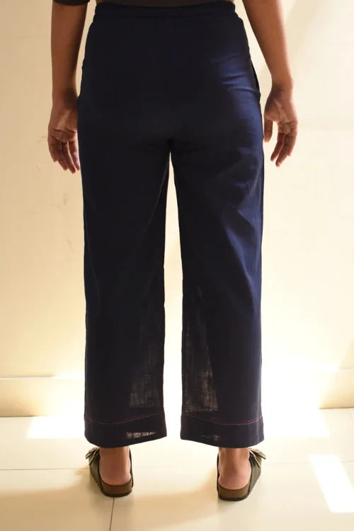 Rangsutra Kaanch Blue Straight-Fit Cotton Pant With Kantha Hand Embroidery