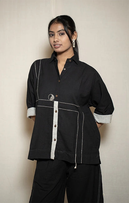Moralfibre Black Kimono Shirt With Striped Details