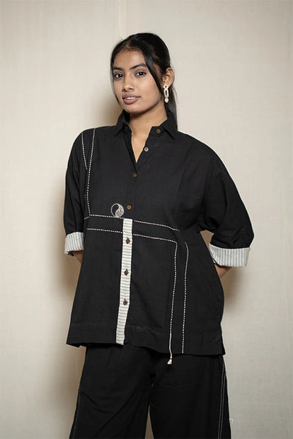 Moralfibre Black Kimono Shirt With Striped Details