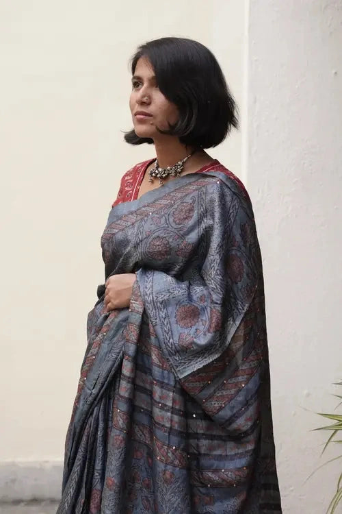 Sadhna"Meghmala"Grey Silk Block Printed Saree