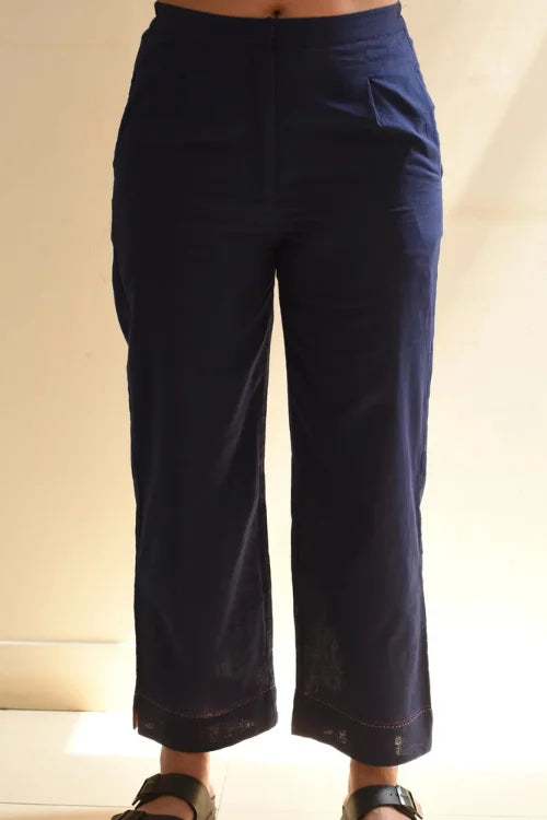 Rangsutra Kaanch Blue Straight-Fit Cotton Pant With Kantha Hand Embroidery