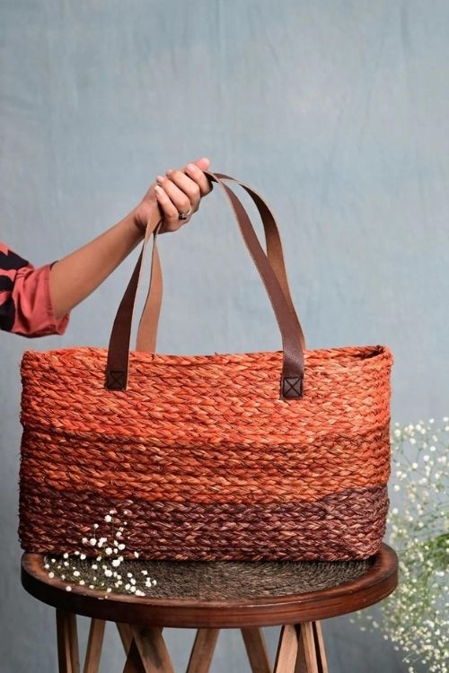 Handmade Sabai Grass Shopping Bag - Orange & Red