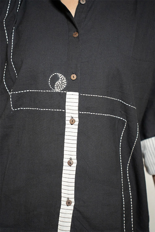 Moralfibre Black Kimono Shirt With Striped Details