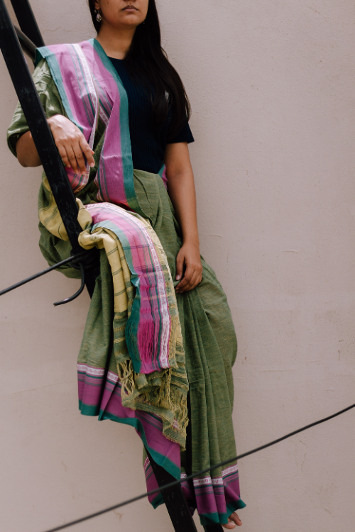 Pink Green Border Elephant Motif Cotton Ready To Wear Saree Online